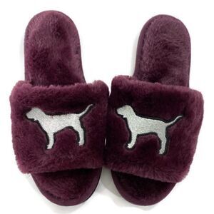 Victoria's Secret PINK Dog Fluffy Slides Slippers Plum Small